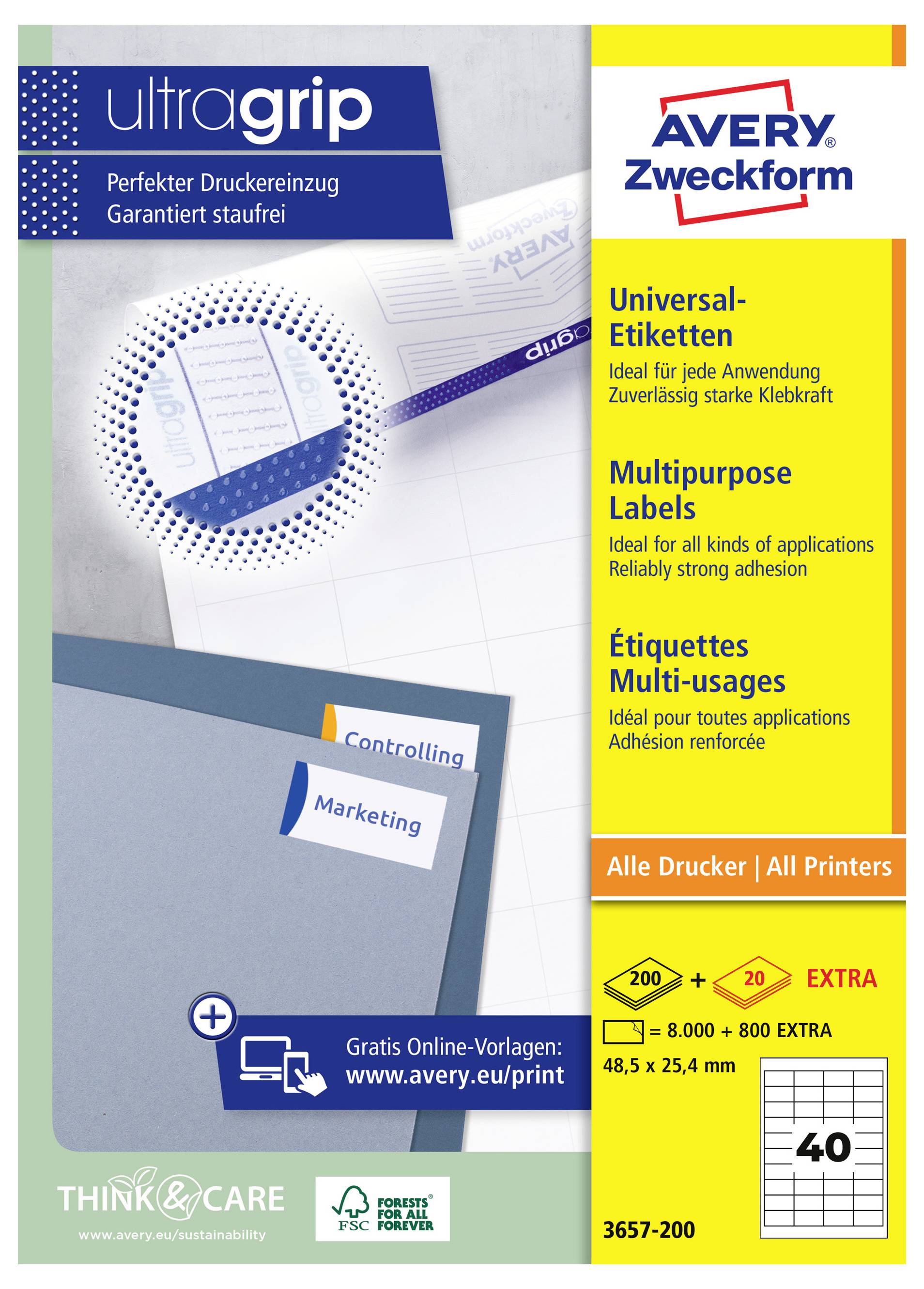 Avery Zweckform 'ultragrip' multifunctioneel etiketpakket, geel en blauw, met aanduiding 'Alle Printers' en etiketmaat 48,5 x 25,4 mm.