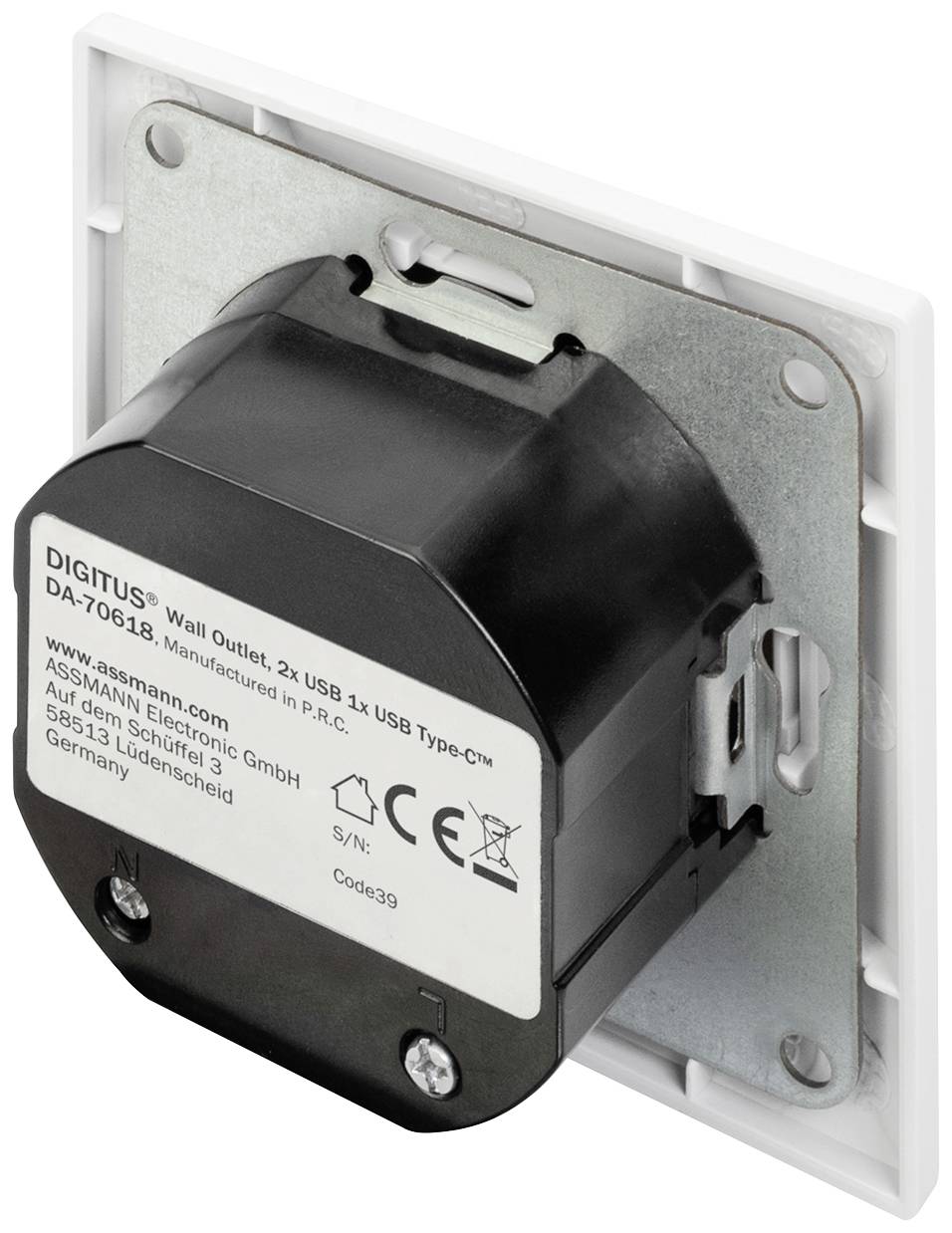 Wandcontactdoos met twee USB-C-poorten, model DIGITUS DA-70618, gemonteerd in een wandbevestiging.