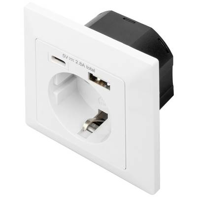 Witte stopcontact met geïntegreerde USB-laadaansluiting, 5V, 2,8A totaal. Rechthoekig ontwerp, geschikt voor verschillende laadapparaten.