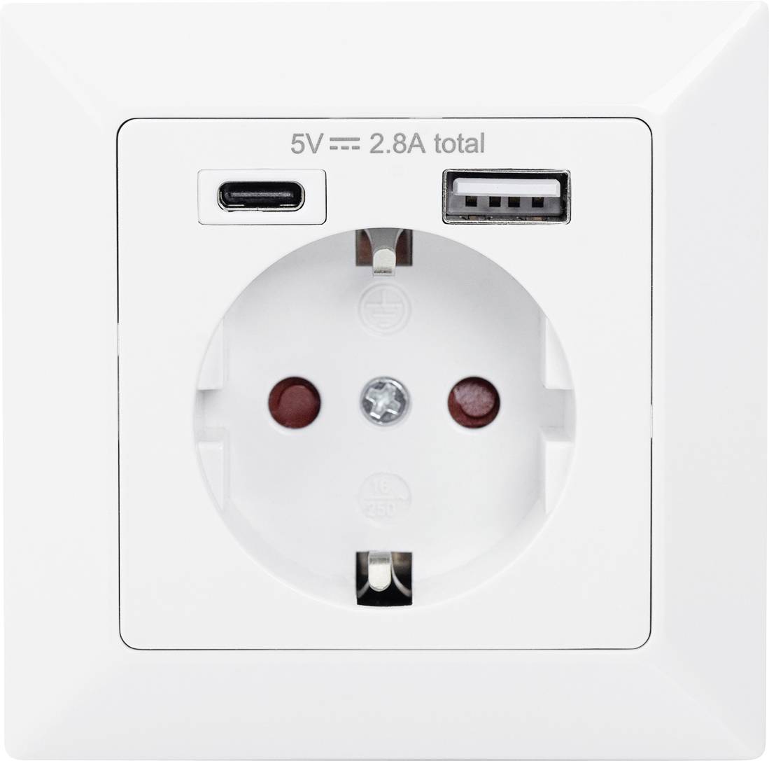Witte stopcontact met twee USB-poorten erboven, één USB-C en één USB-A, met de tekst '5V == 2.8A totaal'.