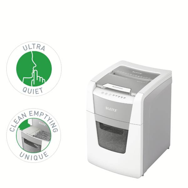 Snijmachine in het wit. Twee symbolen ernaast: 'Ultra Stil' met een fluisterkop, 'Eenvoudig te legen' met een prullenbak. Productmatig gepositioneerd.