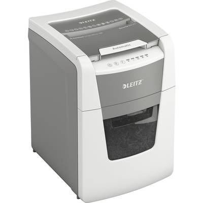 Grijze papiervernietiger van Leitz met transparant venster toont versnipperd papier. Automatische en handmatige functietoetsen bovenaan.