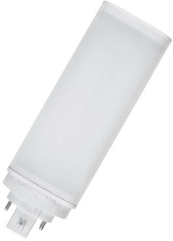 Witte energiebesparende lamp met rechthoekige, matte behuizing en penvoet, gezien van iets schuin boven.
