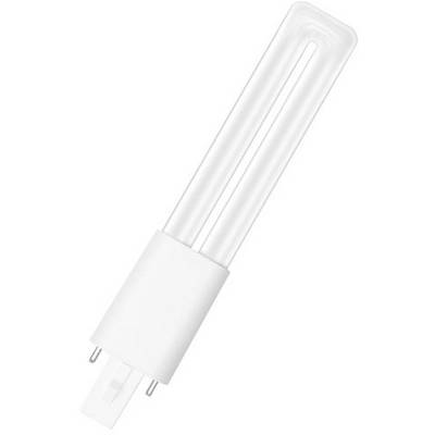 Een witte, langwerpige energiebesparende lamp met twee metalen pennen voor elektrische aansluiting.