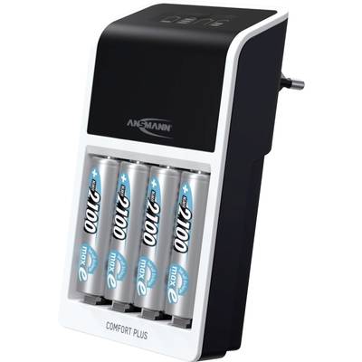 'Batterijlader met vier AA-batterijen inbegrepen. Bovenaan het merkenlogo. Het apparaat is zwart-wit met zichtbare stekker.'