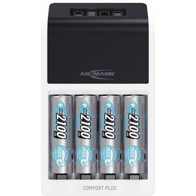 Vier opgeladen batterijen in een zwart laadapparaat met het opschrift 'COMFORT PLUS'.