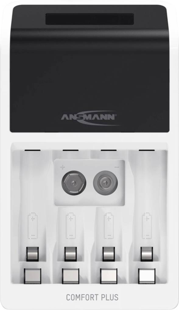 Batterijlader met vier laadsleuven, geschikt voor AA- en AAA-batterijen, merknaam midden bedrukt, model 'Comfort Plus'.