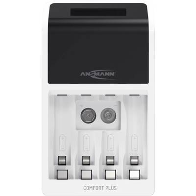 Batterijlader met vier laadsleuven, geschikt voor AA- en AAA-batterijen, merknaam midden bedrukt, model 'Comfort Plus'.