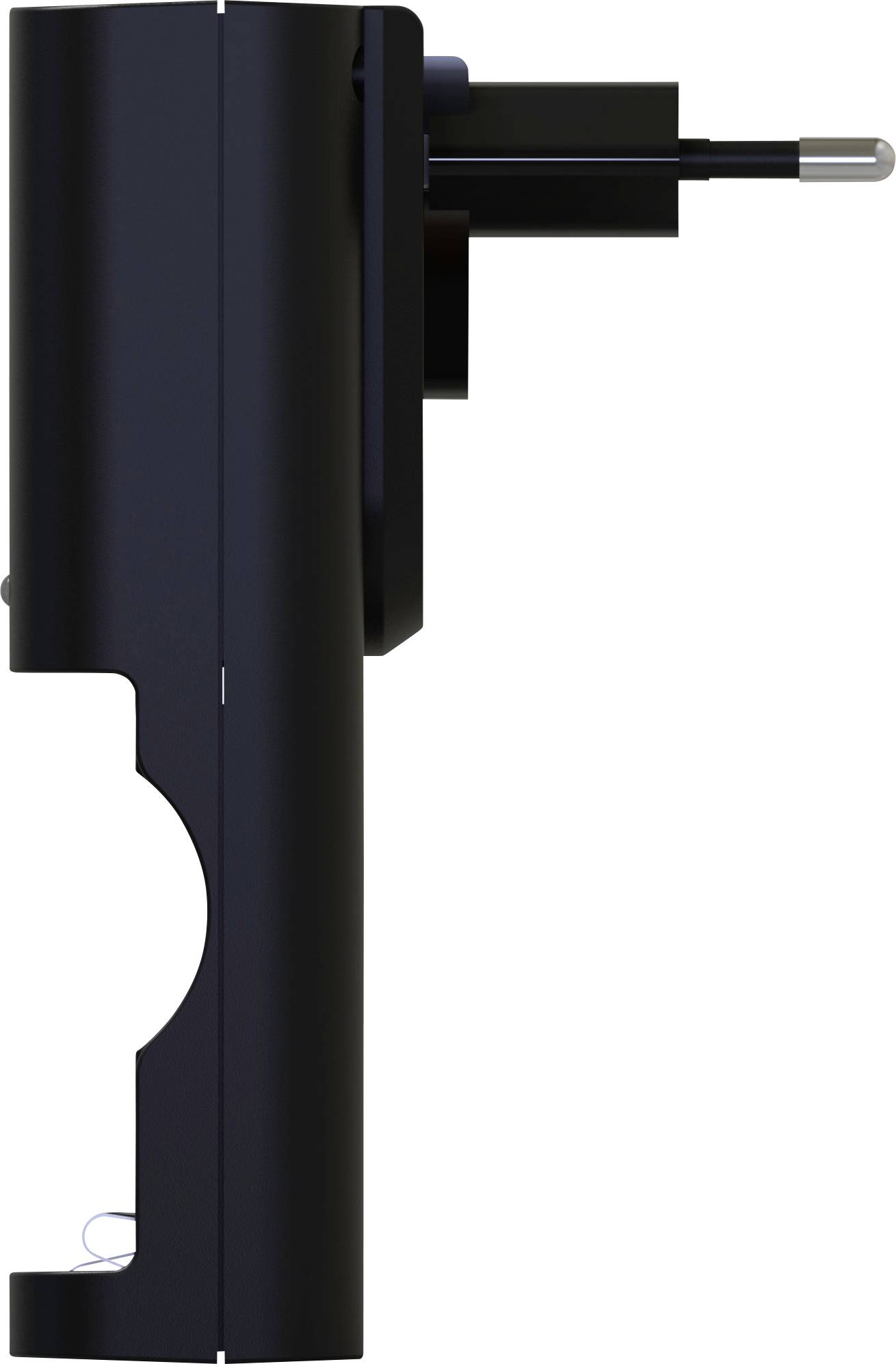 Zwarte stekkerdoos-adapter in zijaanzicht met Europese stekker en ronde uitsparing aan de onderkant.