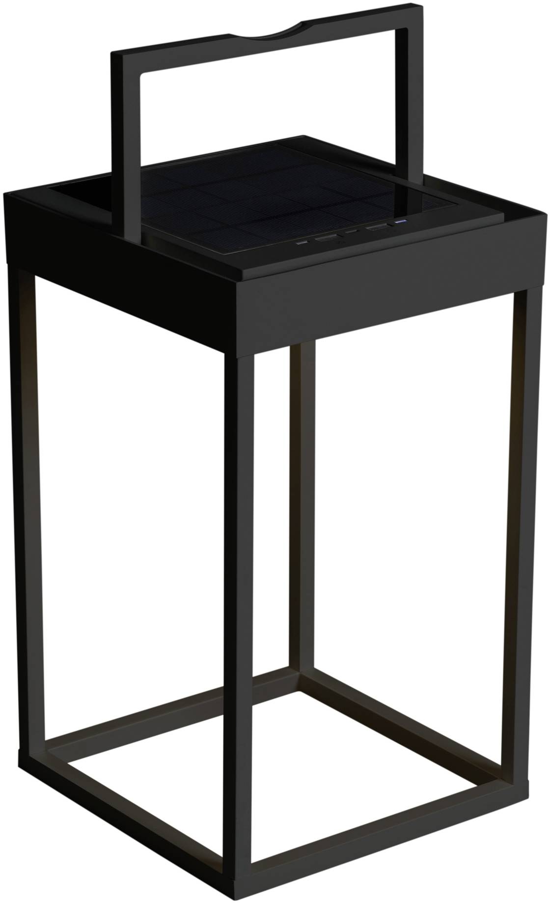 Een zwarte, moderne lantaarn met rechthoekig frame en zonnepaneel bovenop, geschikt voor tuin- of buitengebruik.