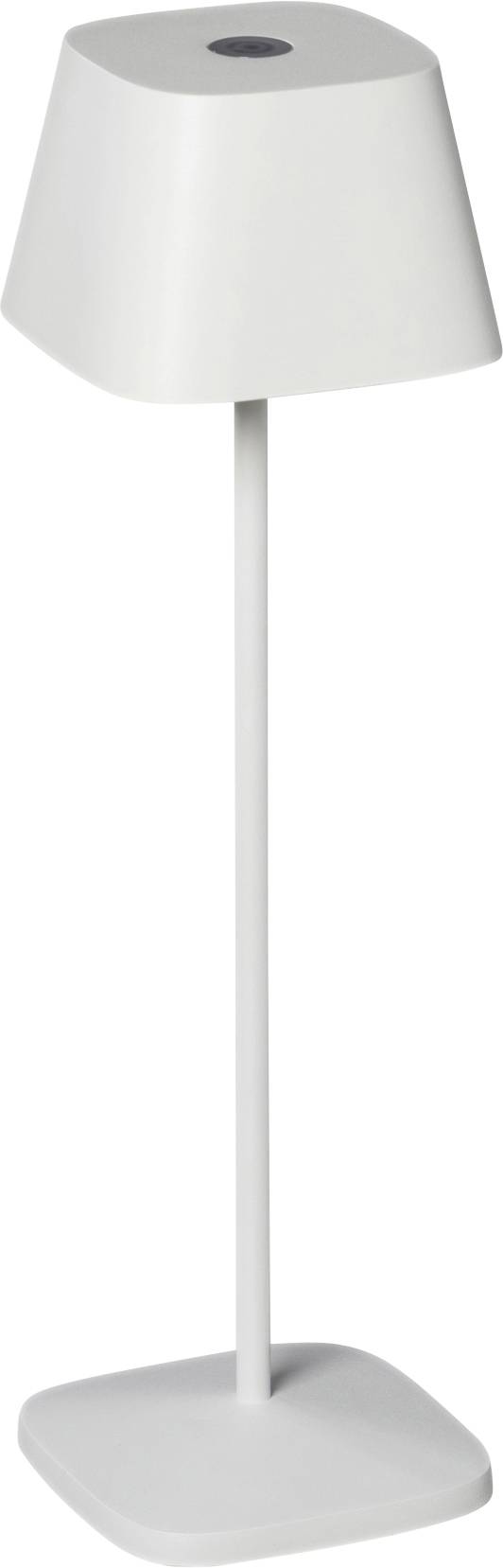 Een eenvoudige, moderne tafellamp met een witte, vierkante kap en een slanke, strakke voet.