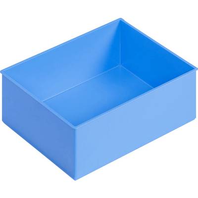 Een rechthoekige, blauwe kunststof container met open zijkanten en een gladde binnenkant. Hij wordt vaak gebruikt voor het opbergen van voorwerpen.