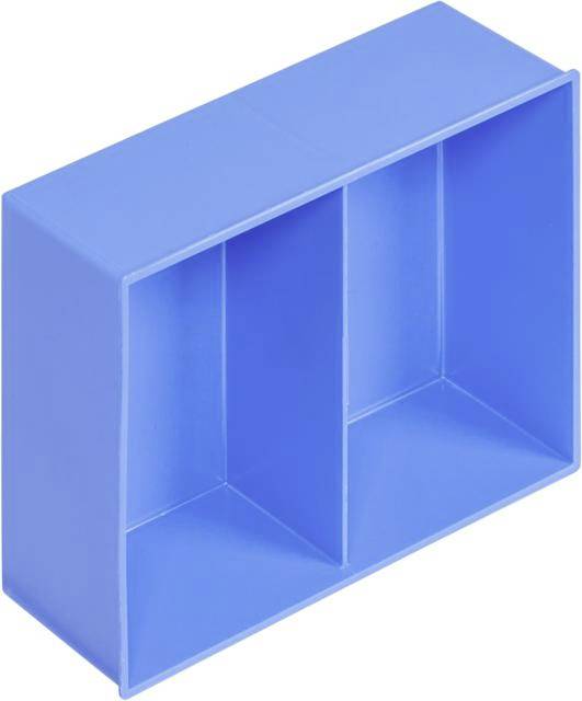 Een blauw, rechthoekig rek met twee gelijkmatig grote vakken, geschikt voor het opbergen van kleine voorwerpen of boeken.