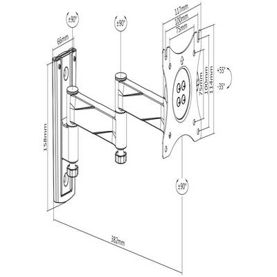 Technische tekening van een verstelbare tv-wandsteun met afmetingen: 66 x 158 mm wandplaat, 382 mm arm, kantelbaar ±55°, draaibaar ±90°.