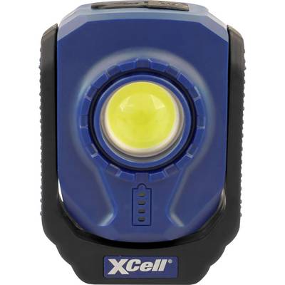 Een blauwe, draagbare LED-lamp met geel licht in het midden, het merklogo 'XCell' onderaan, geschikt voor buitenactiviteiten.