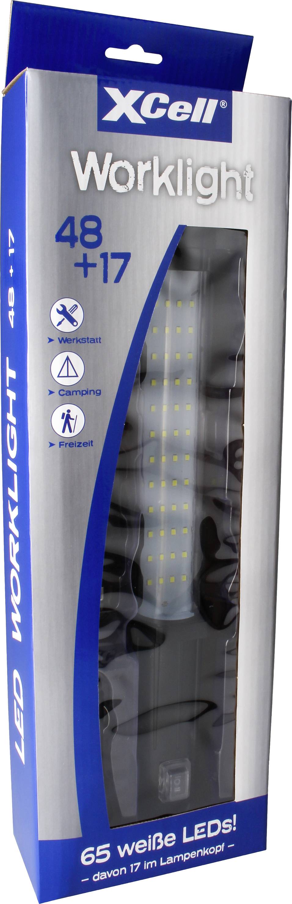 'XCell Worklight 48+17' LED-werklamp in blauw-witte verpakking. Bevat 65 witte LED's. Weergave van pictogrammen voor verschillende lichtfuncties.