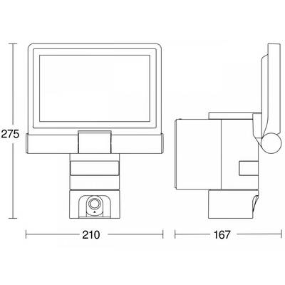 Technische tekening van een rechthoekig scherm met afmetingen: hoogte 275 mm, breedte 210 mm, diepte 167 mm. Linker aanzicht en zijaanzicht.