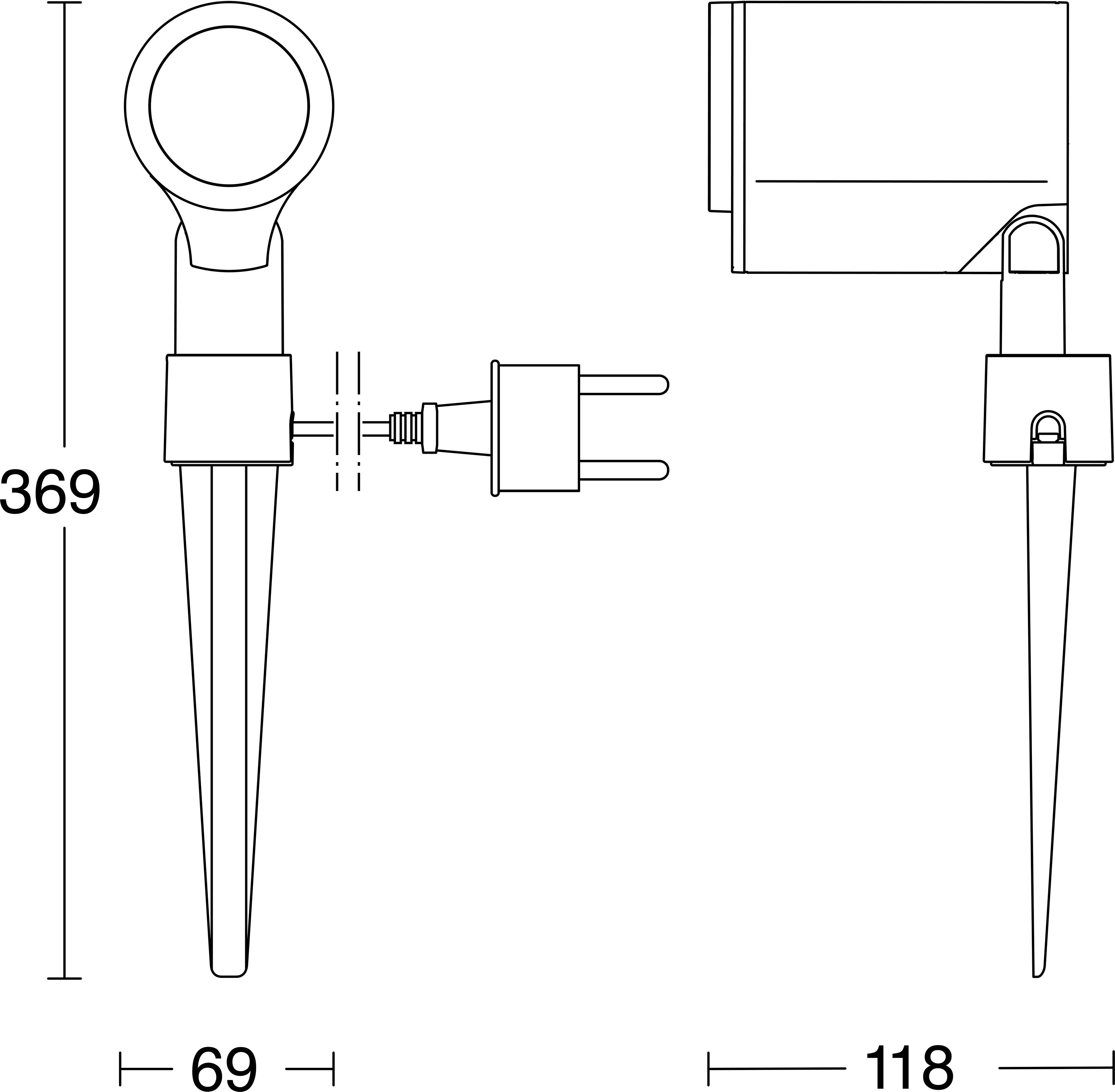 Technische tekening van een grondanker-licht met ronde lamphuls, stekkerverbinding en bevestigingspaal, met afmetingen 369, 69 en 118.