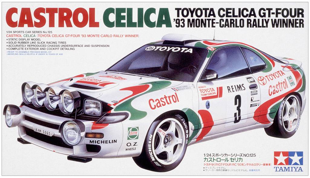 Afbeelding van een Toyota Celica GT-Four in rallyuitvoering met Castrol-reclame op de motorkap; winnaar van de Monte Carlo Rally 1993.