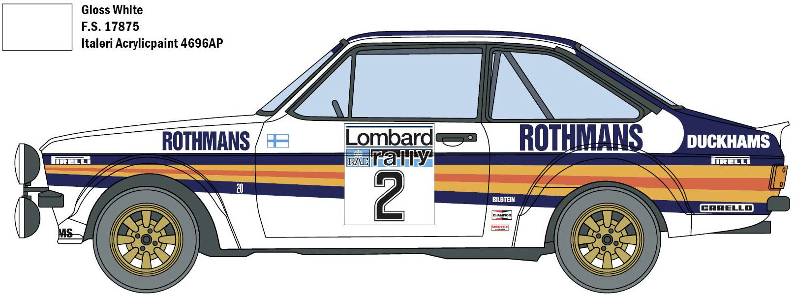 Zijaanzicht van een klassieke rallywagen met 'Rothmans'-sponsorlogo's en startnummer '2'. Wit met blauwe en gouden strepen.