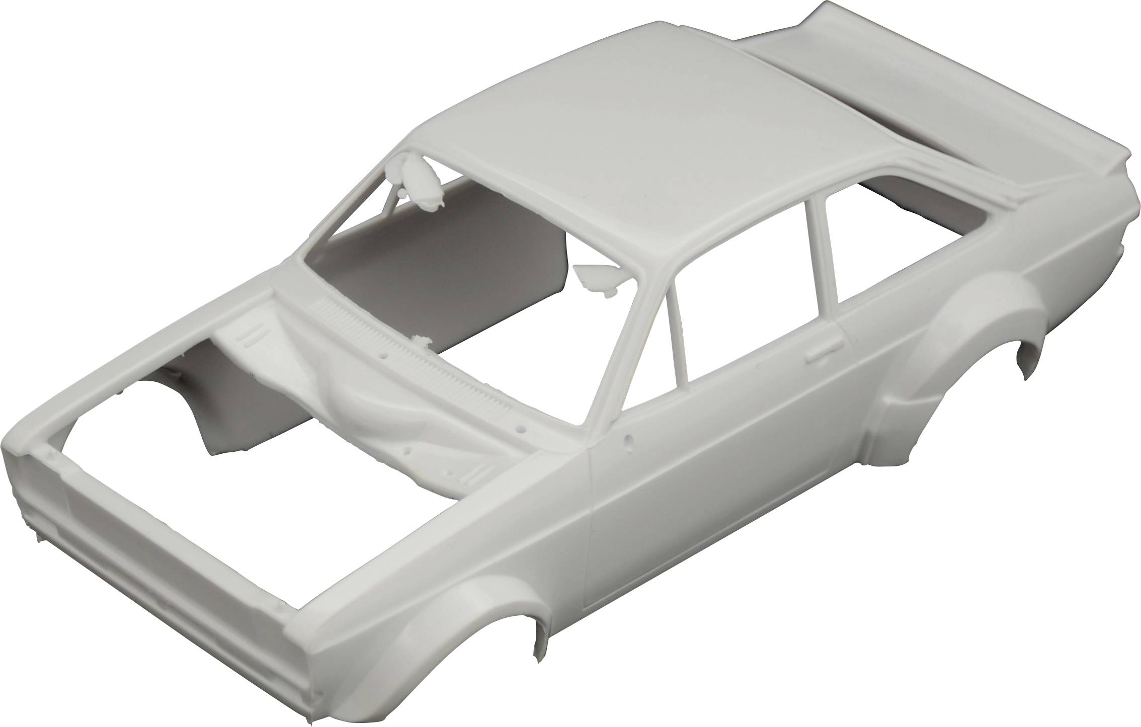 Witte carrosserie van een modelauto zonder verdere onderdelen, toont de basale structuur van een voertuig zonder details.