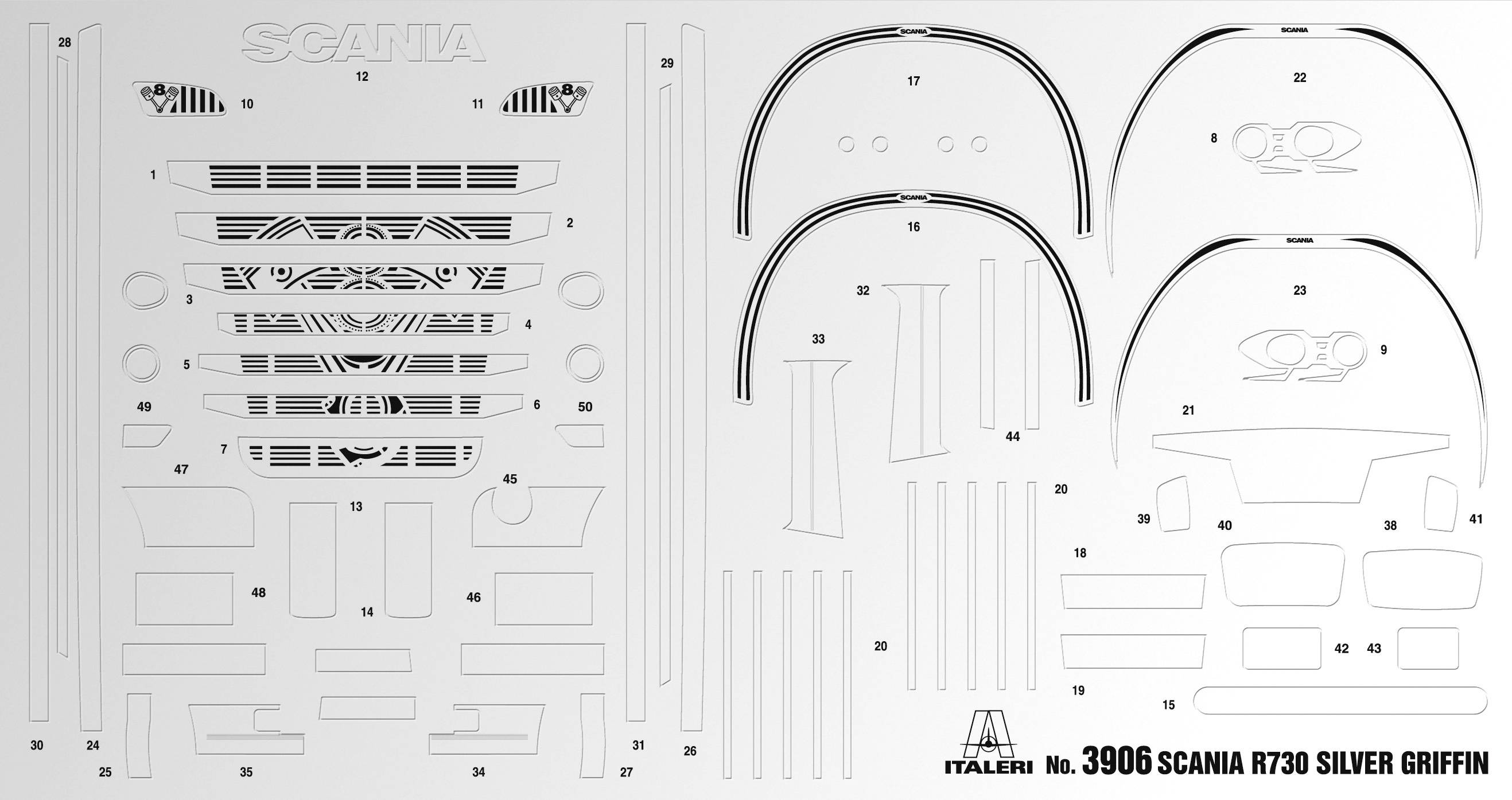 Bouwpakket voor Scania R730 Silver Griffin. Bevat genummerde onderdelen zoals sierlijsten en details voor modelbouw.
