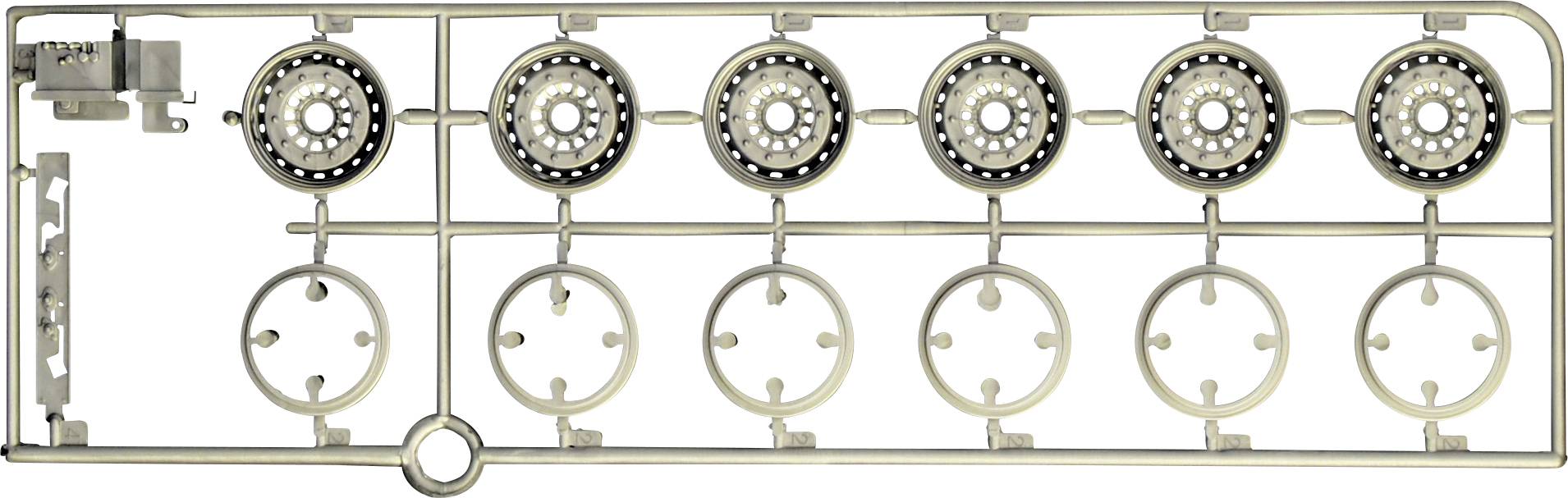 Zes ronde metalen onderdelen met symmetrische gaten op een rechthoekig frame, waarschijnlijk bedoeld voor technische of mechanische doeleinden.