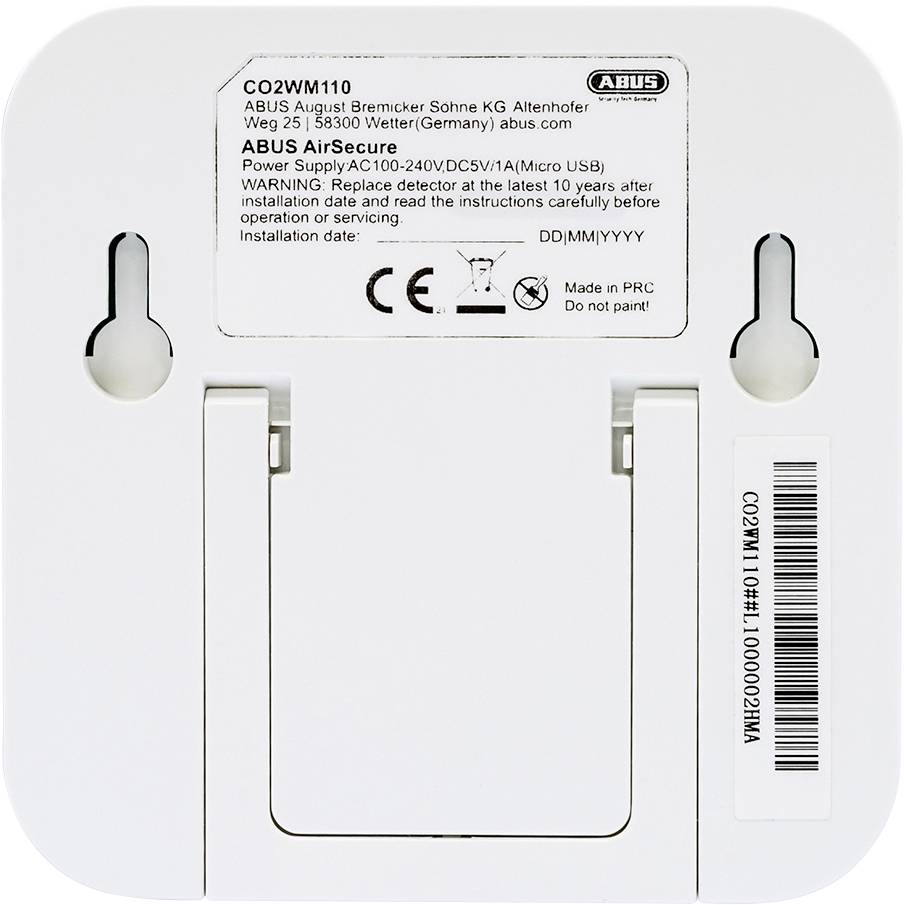 Achterkant van een CO2-detector met fabricageland, modelnummer en installatierichtlijnen. Merknaam en adres bovenaan gecentreerd.