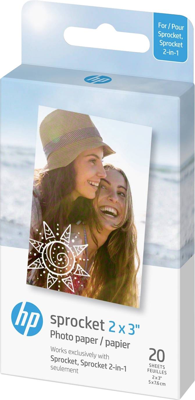 Een verpakking HP Sprocket fotopapier 2x3 inch voor 20 vellen. Verpakking toont twee lachende vrouwen, geschikt voor HP Sprocket printers.