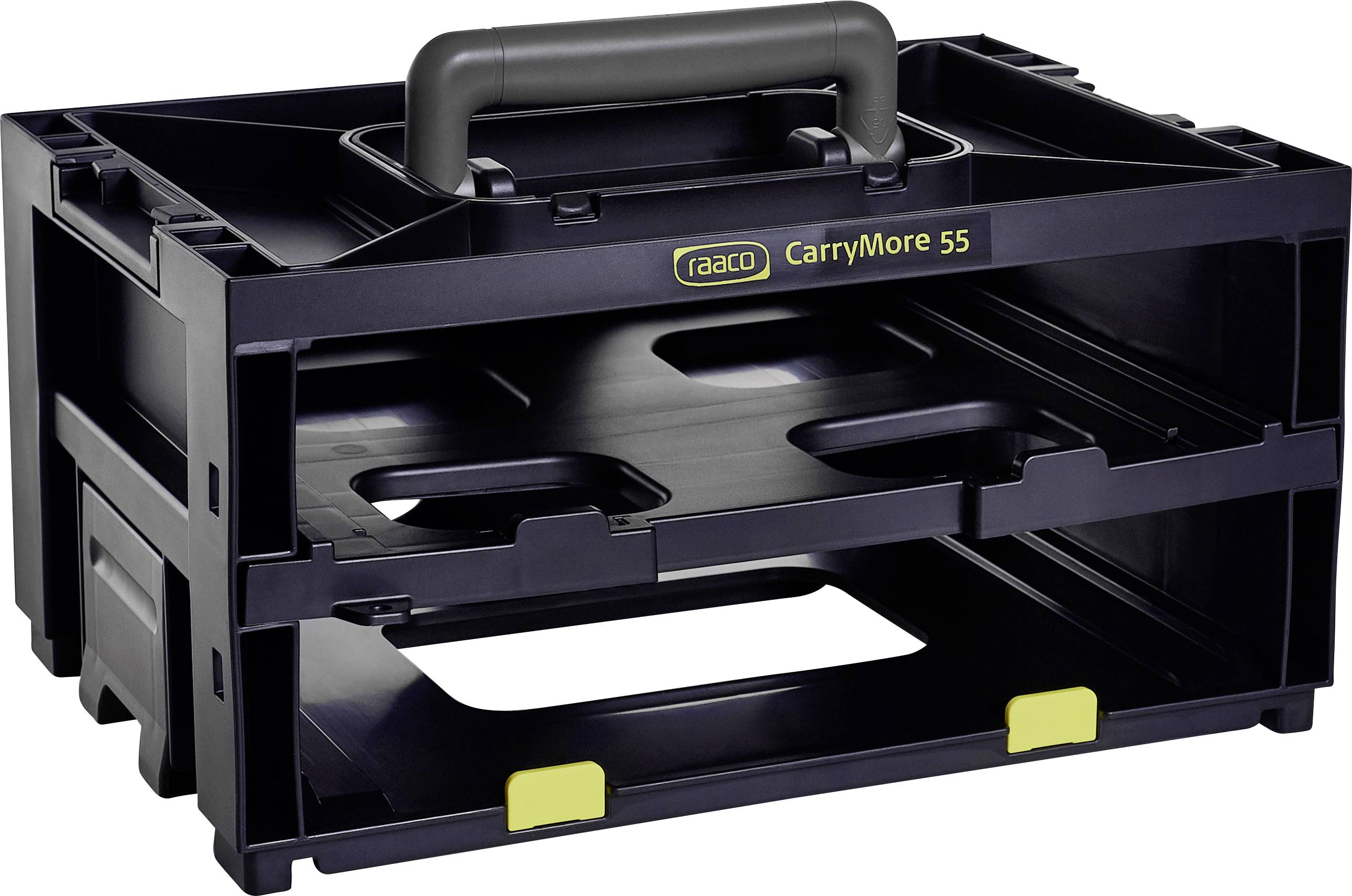 Zwarte, stapelbare gereedschapskist met handvat en opschrift 'raaco CarryMore 55'.