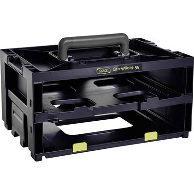 Zwarte, stapelbare gereedschapskist met handvat en opschrift 'raaco CarryMore 55'.