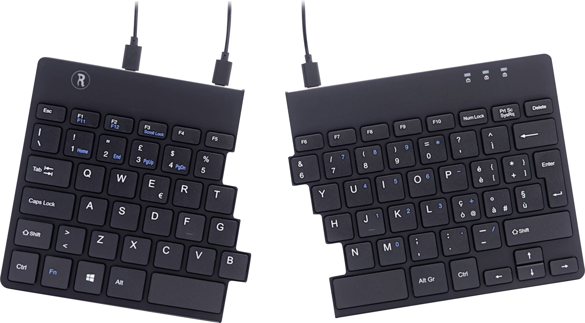 Tweedelig, ergonomisch zwart toetsenbord dat links en rechts gescheiden is. Beide helften zijn via een kabel met elkaar verbonden.