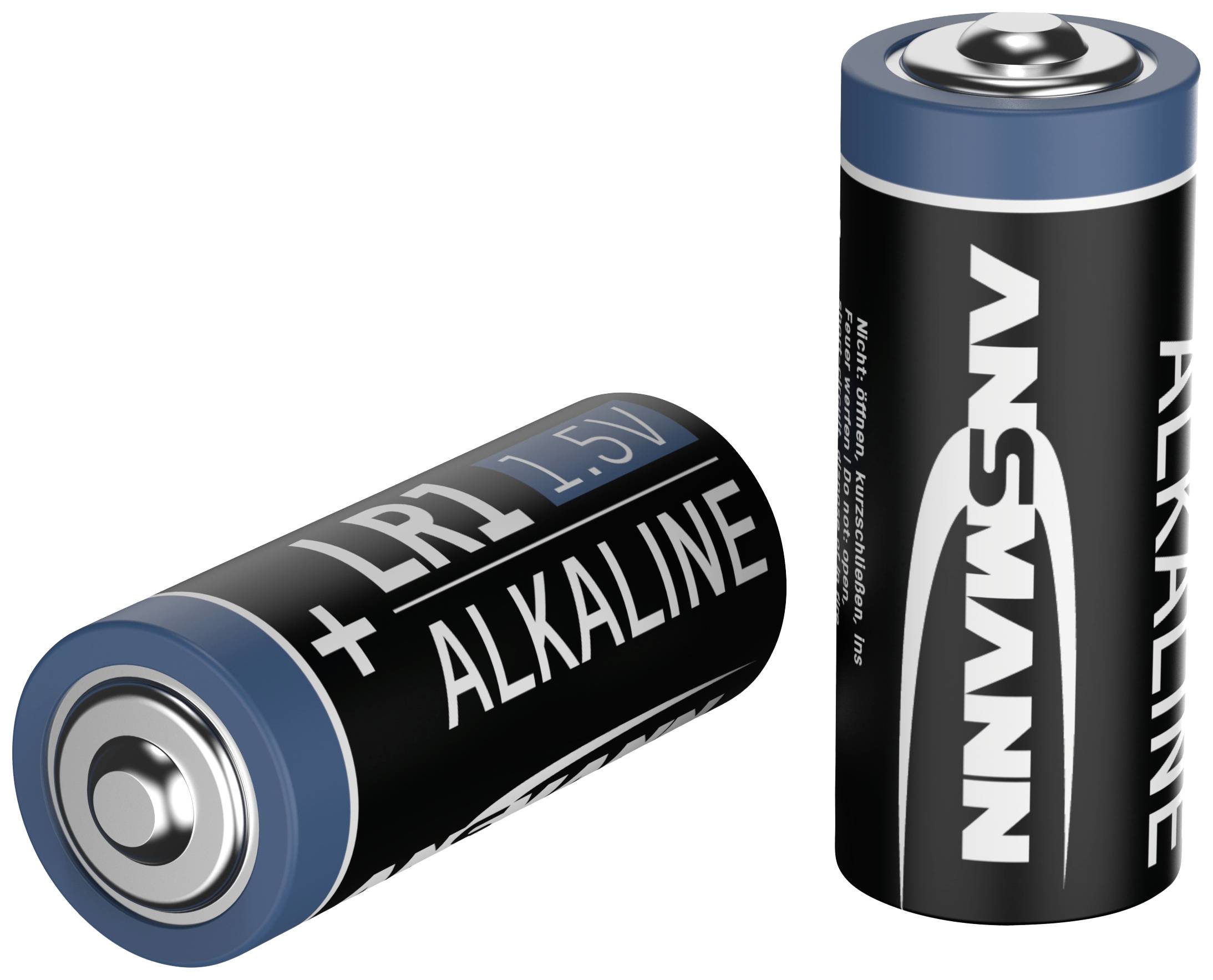 Twee zwarte alkalinebatterijen met blauwe uiteinden, elk gemarkeerd met 'LR1 1.5V'. Eén batterij staat rechtop, de andere ligt plat.