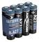 Acht zwarte en blauwe alkaline-batterijen gebundeld. Opschrift 'ALKALINE BATTERIJ 8x A27 12V'.