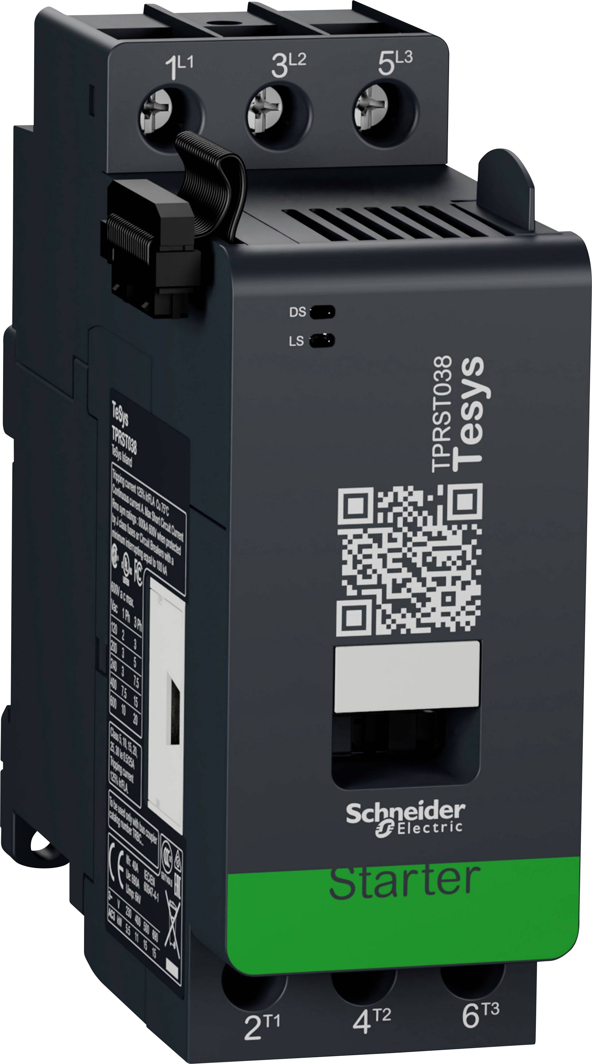 'Schneider Electric' schakelaar met drie aansluitklemmen boven en onder, groen 'Starter'-label, QR-code in het midden.