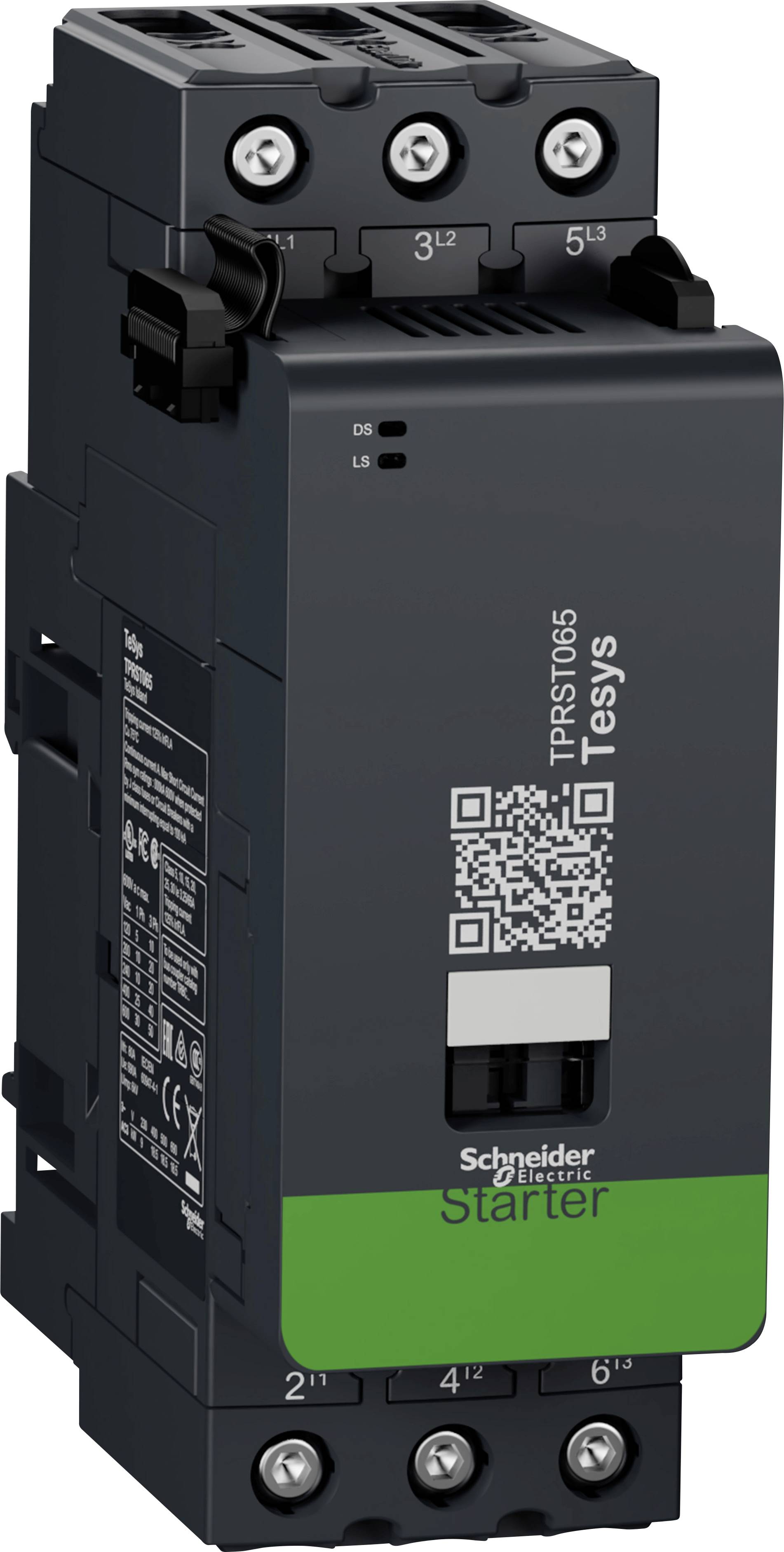 Elektrisch schakeltoestel 'Schneider Electric TeSys' met QR-code, groene aanduiding 'Starter', zwarte behuizingskleur.