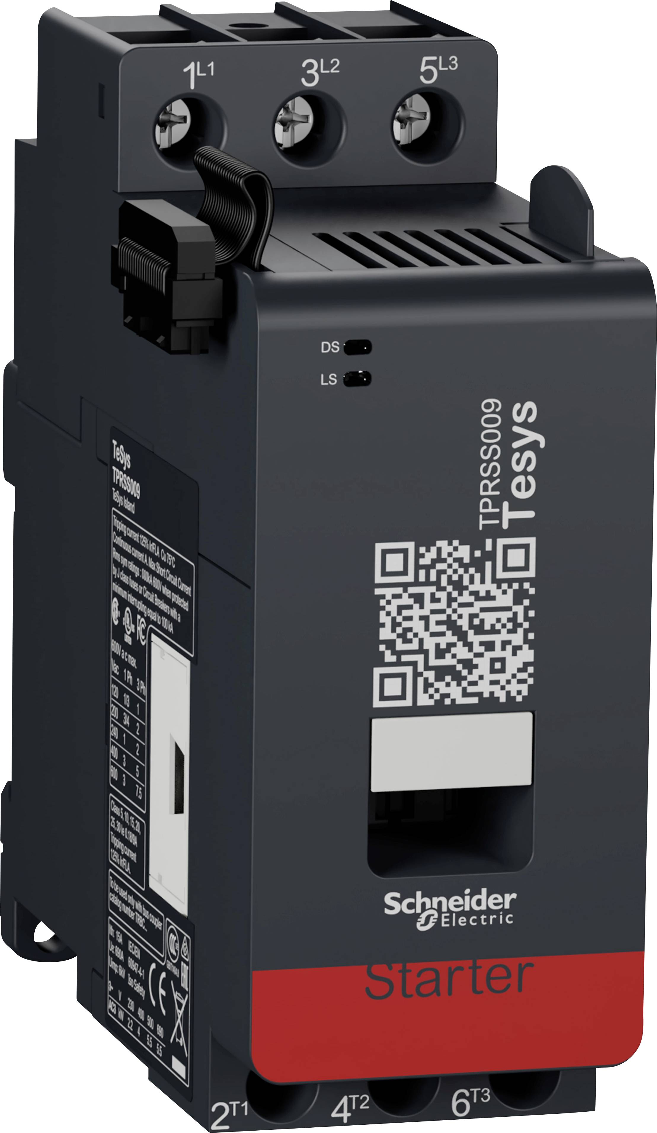 Een zwarte elektrische apparaatstarter van Schneider Electric met een QR-code en 'Tesys'-opschrift aan de voorkant.