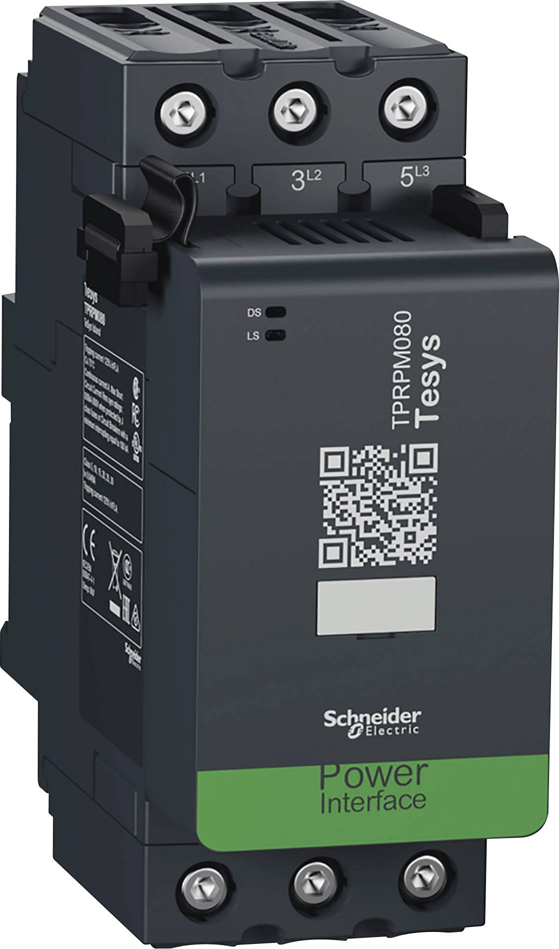 Zwart elektrisch apparaat met QR-code, schroefklemmen en de opschriften 'Schneider Electric' en 'Power Interface'. Geschikt voor industriële toepassingen.