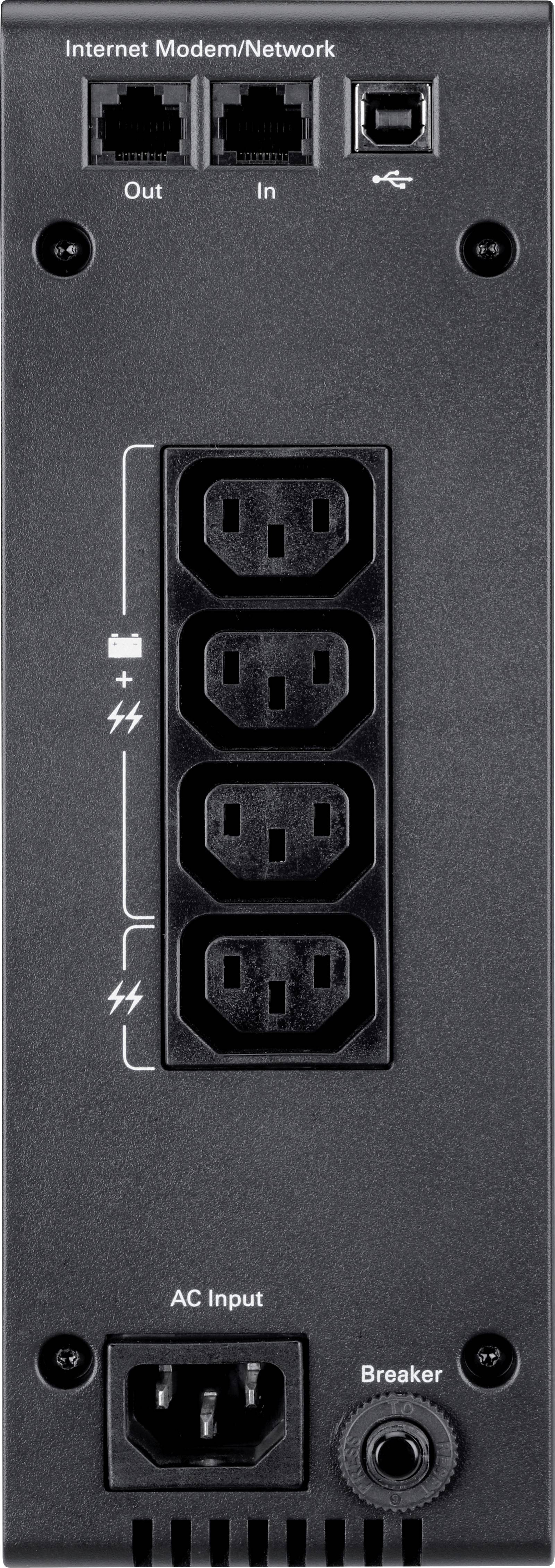 Achterkant van een UPS-eenheid met vier stopcontacten, aansluitingen voor modem/netwerk, AC-ingang en een schakelaar.