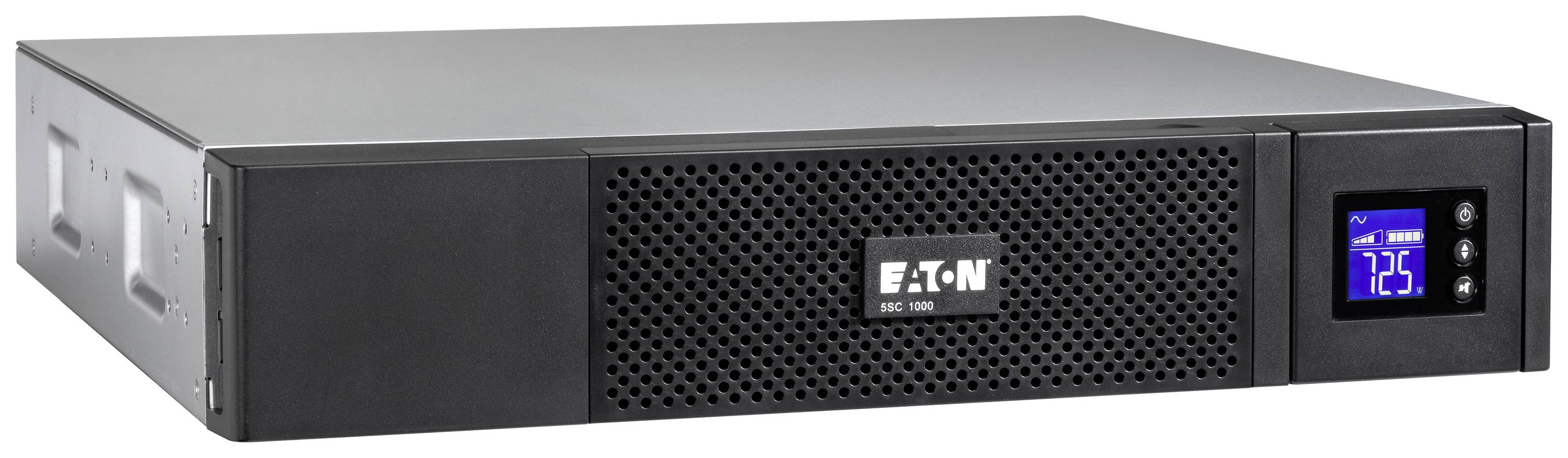 Een zwart UPS-apparaat van het merk Eaton met een blauw display toont de laadstatus; voor ononderbroken stroomvoorziening.