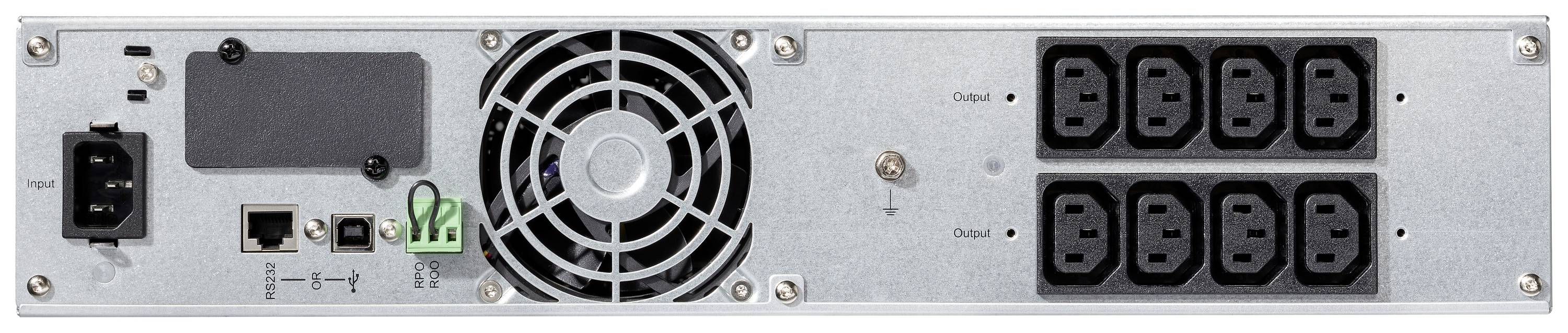 Achterzijde van een technische apparatuur-eenheid met meerdere stroomaansluitingen, een ventilator, en netwerkaansluitingen.