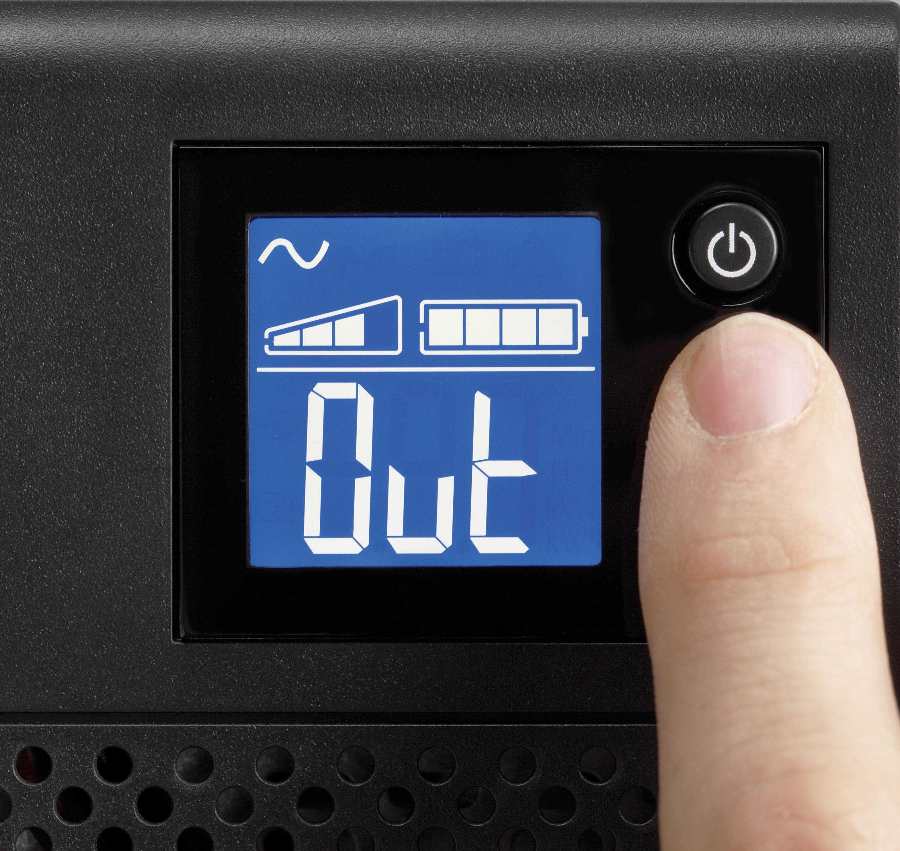 Een vinger drukt op de aan/uit-knop van een apparaat. Op het display staat 'Out' met een batterij- en golfvormig symbool.