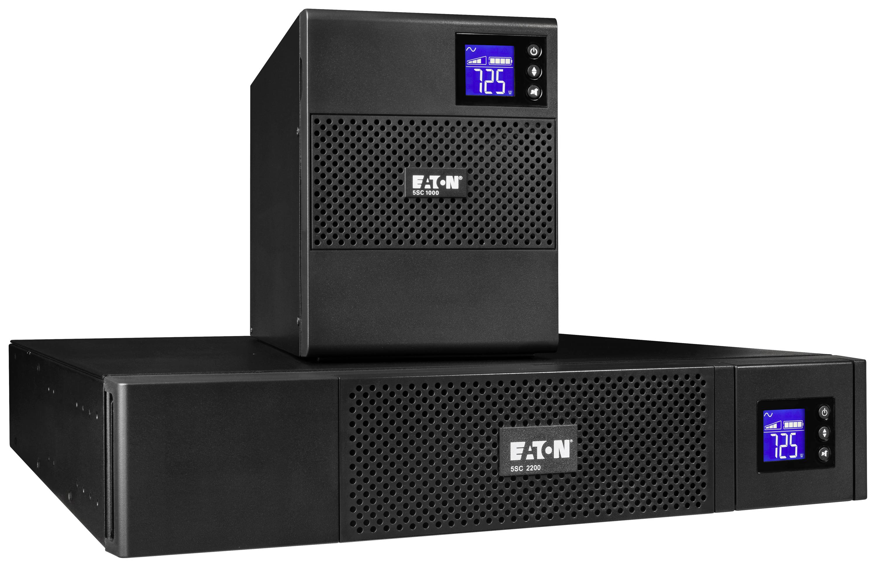 'Twee Eaton UPS-apparaten op een tafel, een kleinere op een grotere. Beide displays tonen 72,5% batterijniveau.'