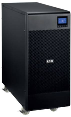 Een zwarte server of UPS op wielen met een klein blauw display rechtsboven. Apparaat is geschikt voor IT- of stroombeheerdoeleinden.