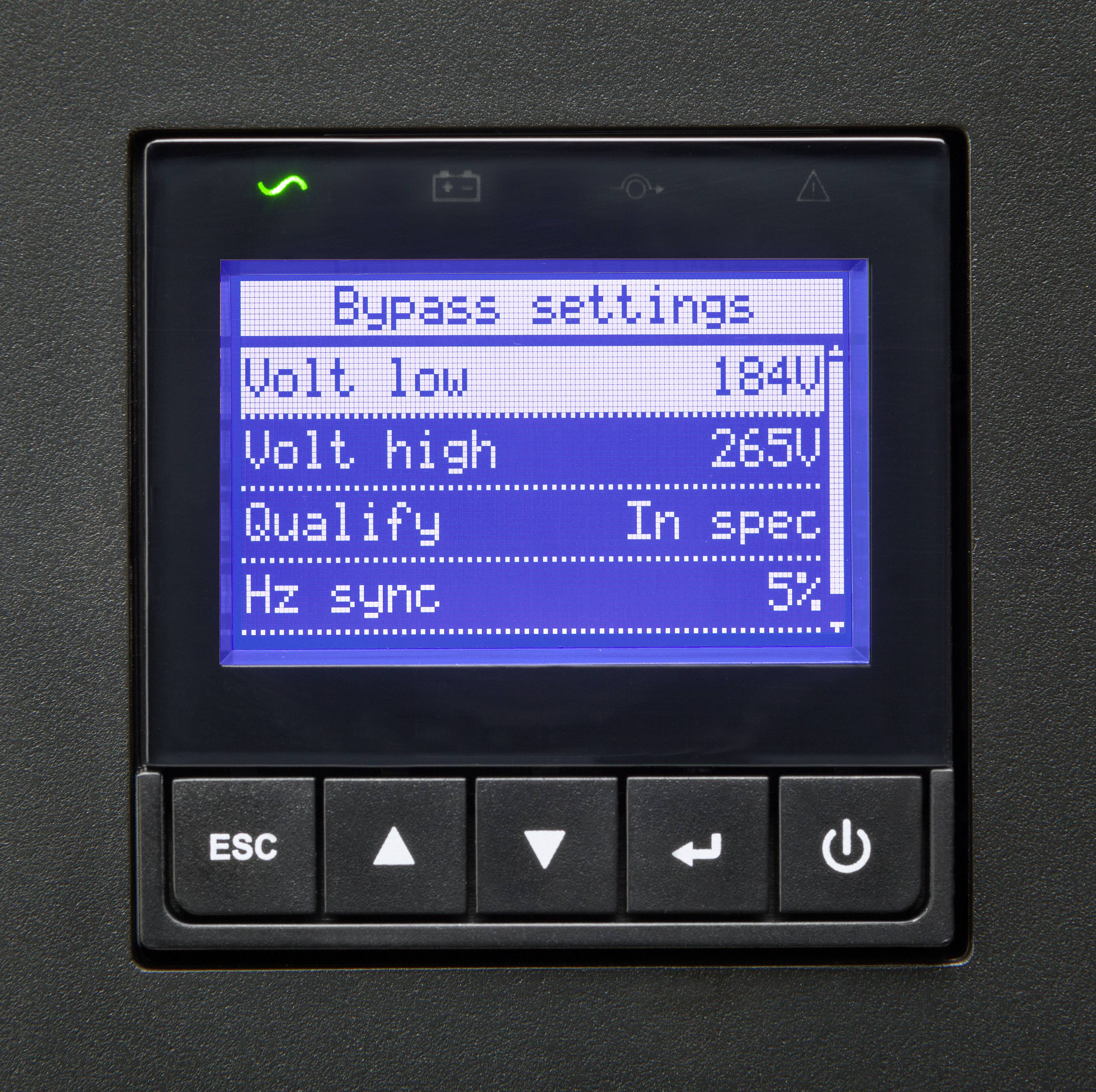 Weergave van een scherm met 'Bypass-instellingen'. Getoond: Volt laag 184V, Volt hoog 265V, Qualify binnen specificatie, Hz sync 5%.