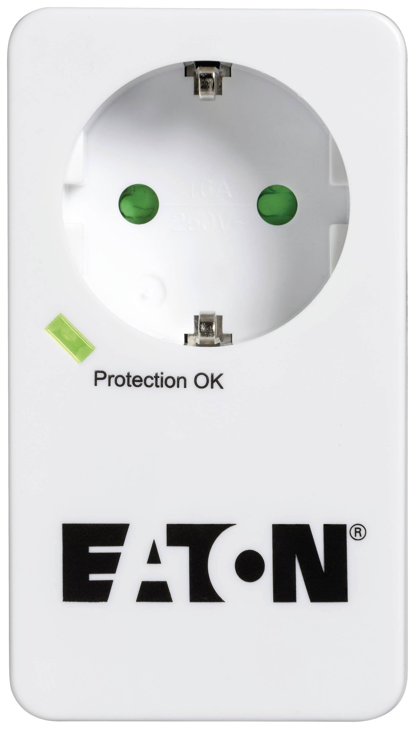 Witte stopcontact met de tekst 'Protection OK' en 'Eaton'; groene lampjes geven aan dat de bescherming actief is.