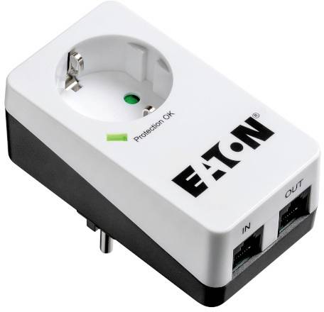 Stekkerdoos met overspanningsbeveiliging, logo 'EATON', groen licht ter indicatie van 'Protection OK', LAN-ingang en -uitgang aan de zijkant.