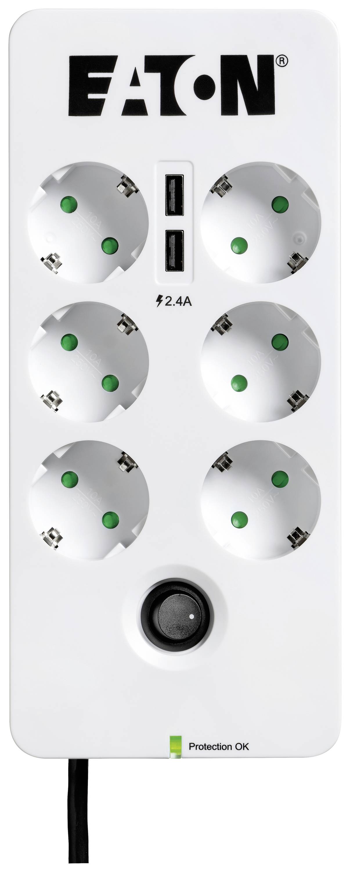 Het beeld toont een stekkerdoos van Eaton met zes stopcontacten en twee USB-poorten, geschikt voor elektronische apparaten.