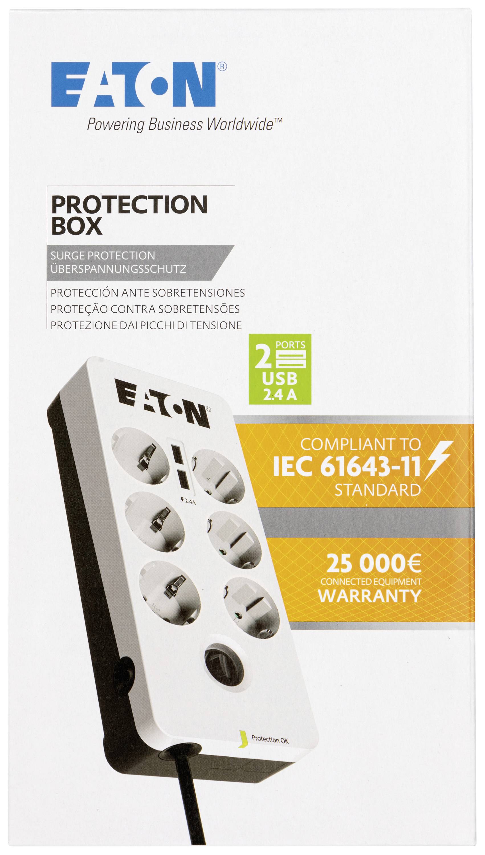Stekkerdoos van Eaton met overspanningsbeveiliging, zes stopcontacten, twee USB-poorten en IEC 61643-11 standaard, 25.000 EUR garantie.