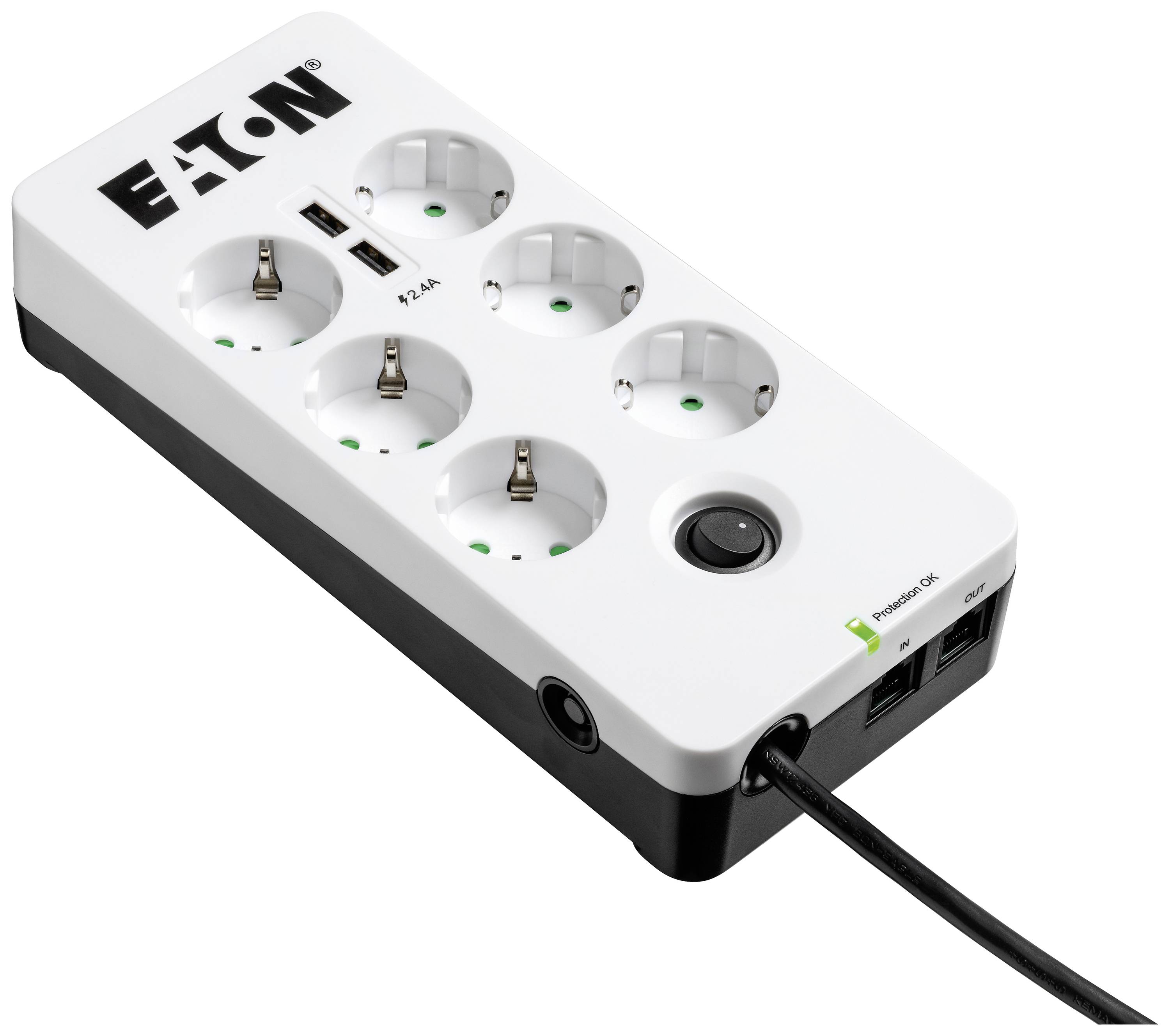 Zesdelige stekkerdoos van Eaton met USB-poorten en netschakelaar.